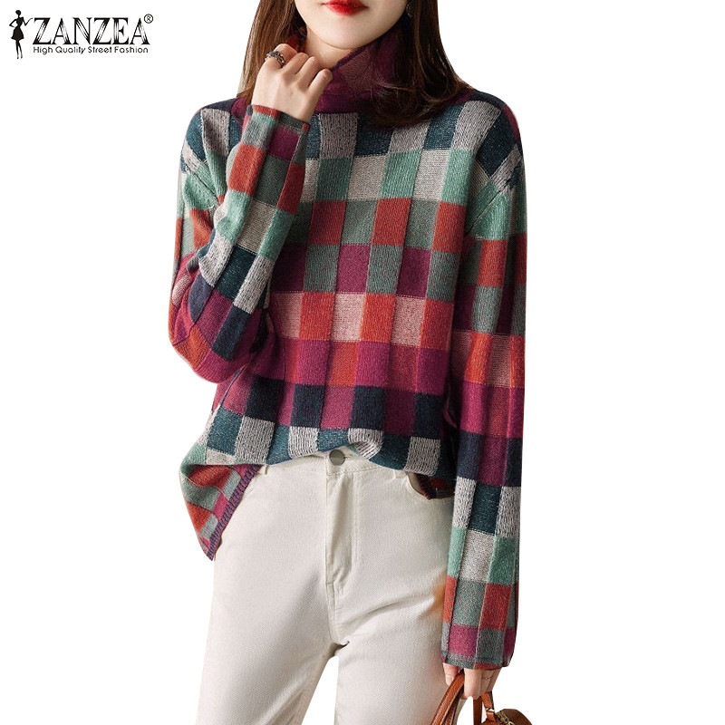 ZANZEA ใส่ ซานเซีย ผู้หญิงเกาหลีลําลองยืนปกแขนยาวคมชัดลายสก๊อตเสื้อยืด