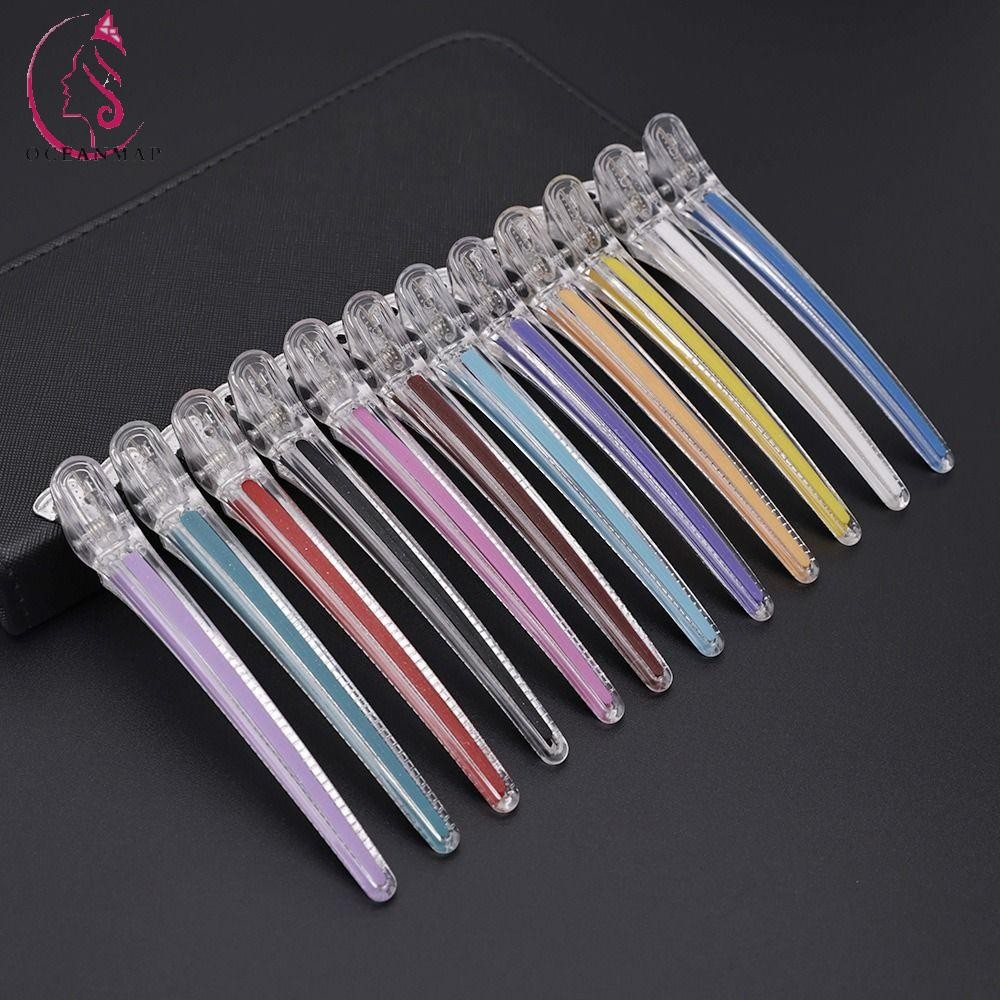 Oceanmap 12 ชิ้น/เซ็ต Hairdressing Section Clamps,สีชมพูยาวตัดผม,สี Candy Duckbill คลิปมืออาชีพ