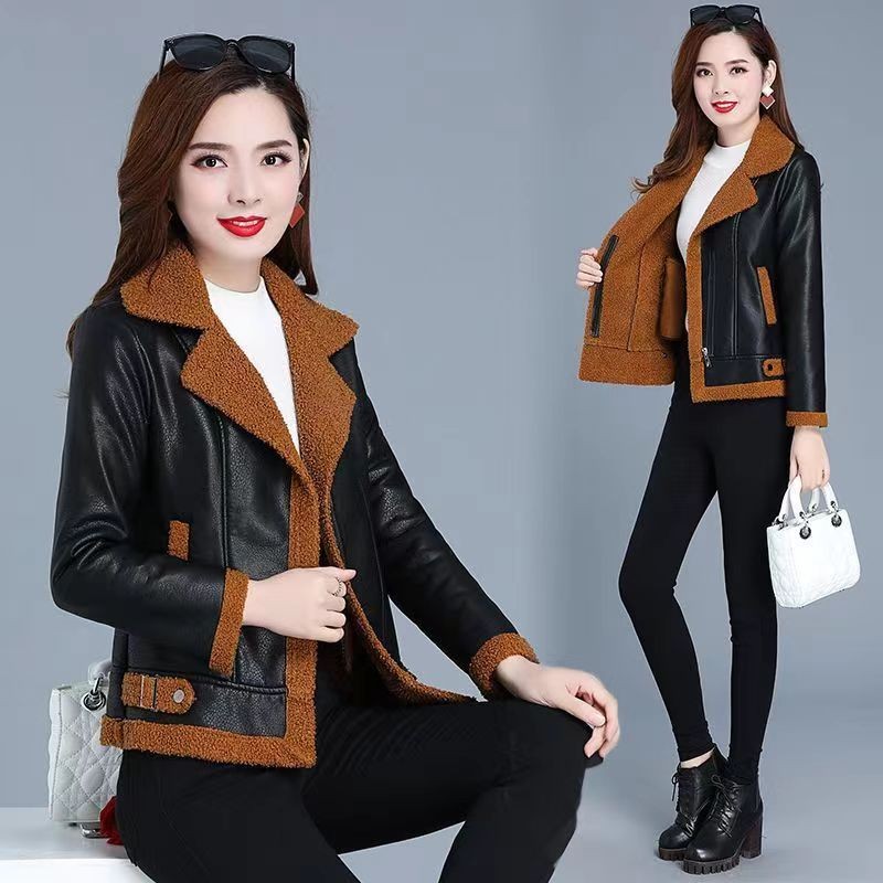 Fur Integrated Lamb Fur Jacket ผู้หญิงฤดูใบไม้ผลิและฤดูใบไม้ร่วงใหม่เสื้อหนัง Pu สั้น