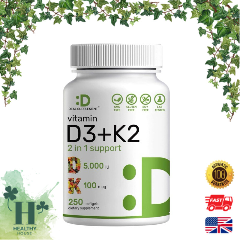 พร้อมส่ง Deal Supplement Vitamin D3 + K2 ( D3 5000 IU & Vitamin K2 MK7 100 mcg Promotes Heart, Bone