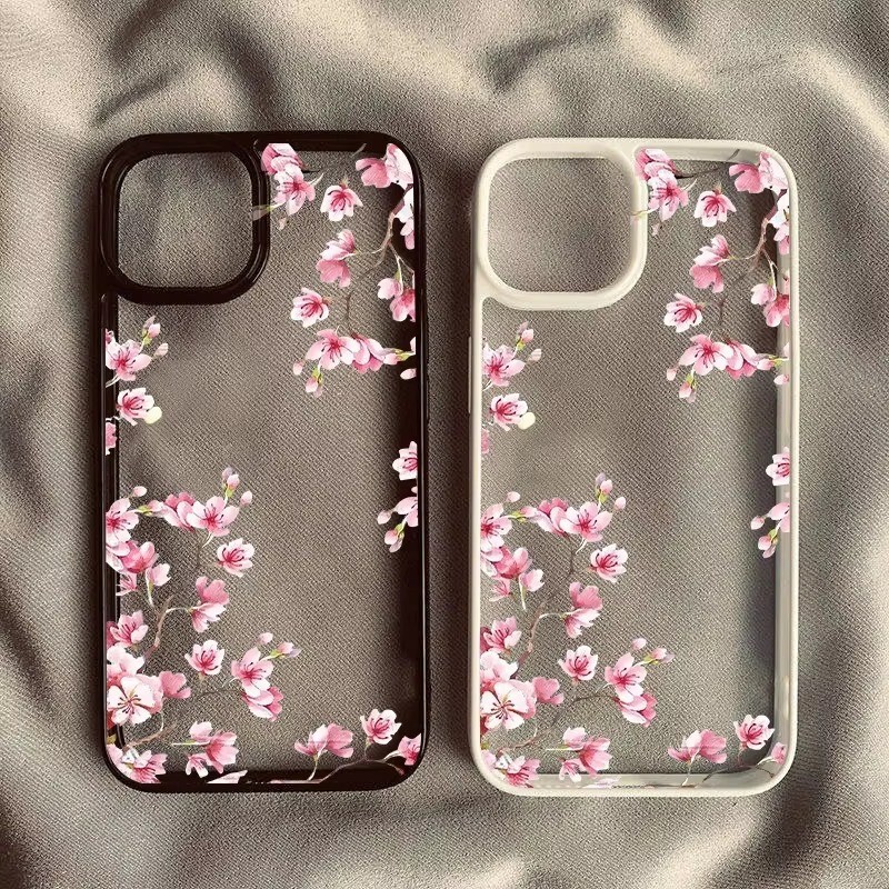 เคสโทรศัพท์สําหรับiphone 16 15 Pro Max 14 13 12 11 Pro 7 8 Plus SE 2020 XS X XR 12 13 Miniสีชมพูแมกโนเลียดอกไม้ดอกพลัมกันกระแทกปกแข็งใส
