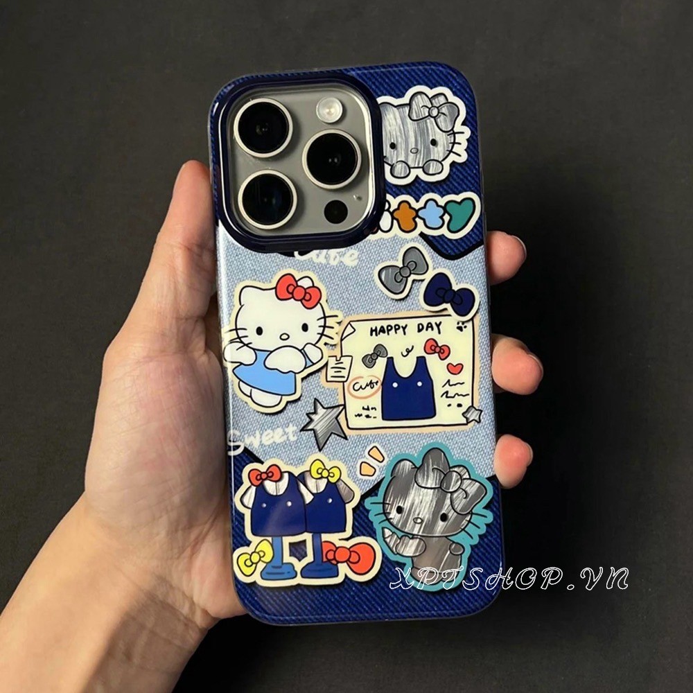 Retro Denim Kittyเคสโทรศัพท์สําหรับiPhone 16ProMax 16Pro 16Plus 15ProMax 14 13 12ProMaxคลุมทั้งหมดกันกระแทกป้องกันปลอกอะคริลิค
