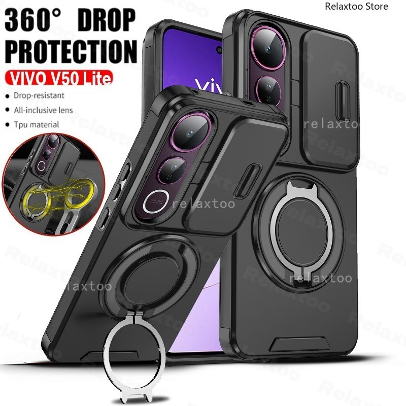 ปลอกสําหรับ VIVO V50 VIVOV50 Lite V50Lite V50E VIVOV50Lite 5G กันกระแทกเคสโทรศัพท์โลหะเกราะแหวนวงเล็บ Stent กลับ Push เลนส์กล้องความเป็นส่วนตัวปกป้องผู้ถือกลับปลอกฝาครอบ