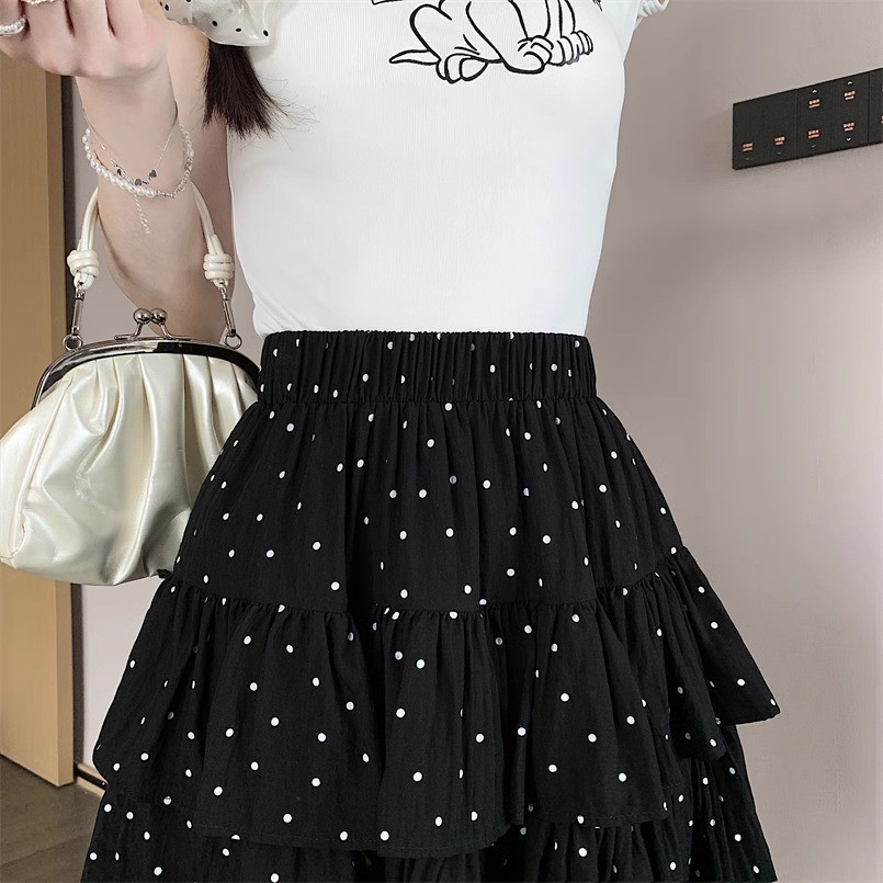 GHAOHES กระโปรงสั้นทรงเอ-ไลน์เอวสูง กระโปรงทรงเค้กลายจุดสามสี น่ารักสไตล์เกาหลี2033 - รูปที่ 3