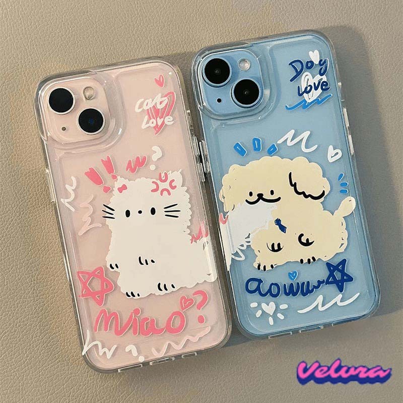 คู่ เคสไอโฟน For IPhone 11 15 16Pro 13 12 7 Plus 14 Pro Max XS XR X Max 8 Plus น่ารักจัง คิตตี้ การ์ตูน หมา โปร่งแสงเคส