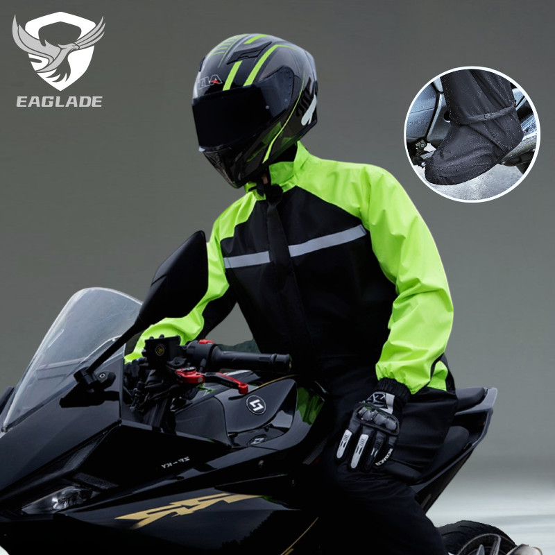 EAGLADE เสื้อกันฝนสําหรับรถจักรยานยนต์ผู้ชายกันน้ํา + ฝาครอบรองเท้าระบายอากาศ A0011 ในสีเขียว + สีดํา E05