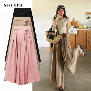 High-Waisted Lace-Up Casual Wide-Leg Pants Summer Flowy Skirt Pants for Women Seluar berkaki lebar 99079