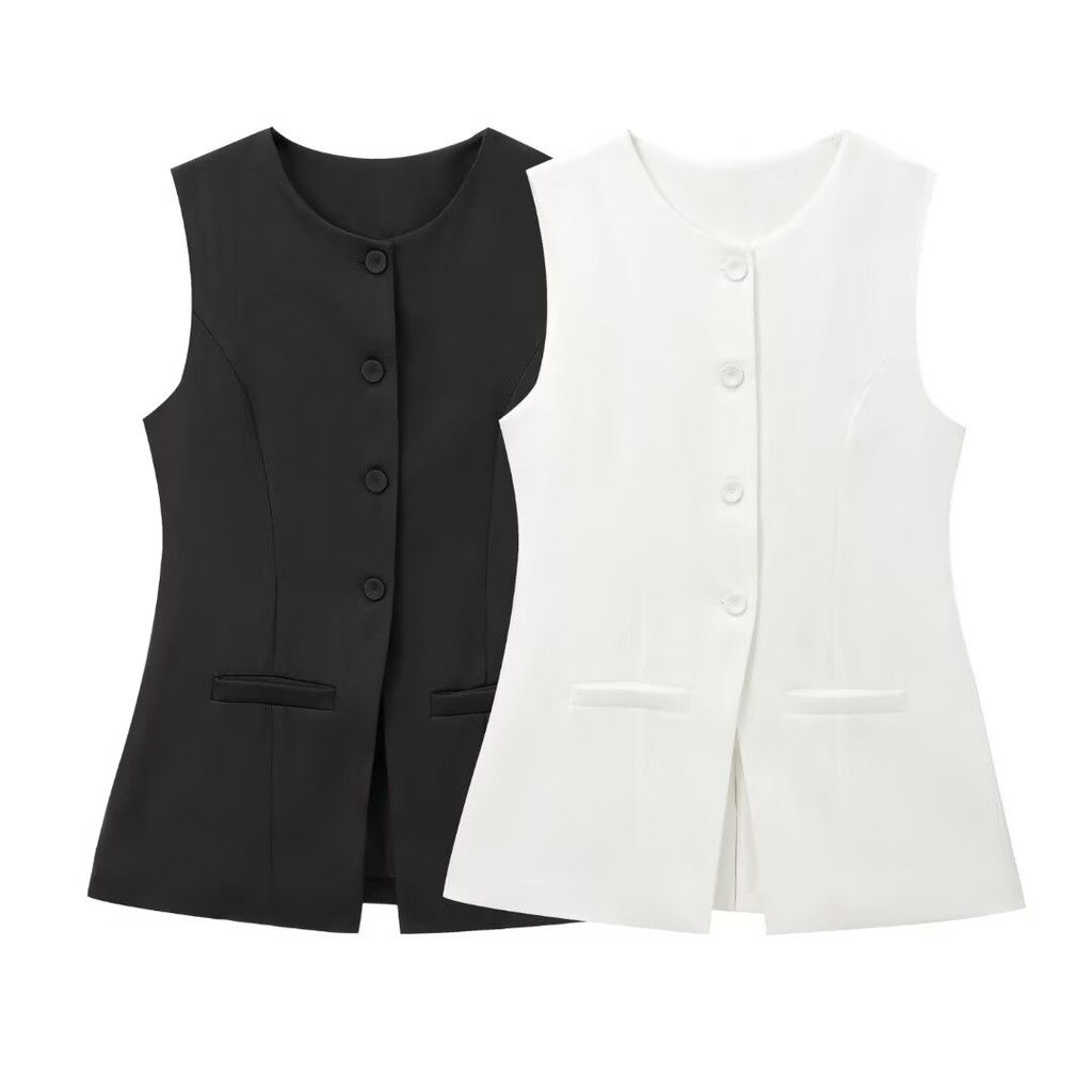 เสื้อกั๊กคอกลมแขนกุดสีขาว Zara 2025 แนวอเมริกัน สวมใส่ง่าย เหมาะสำหรับทุกวันและทำงาน