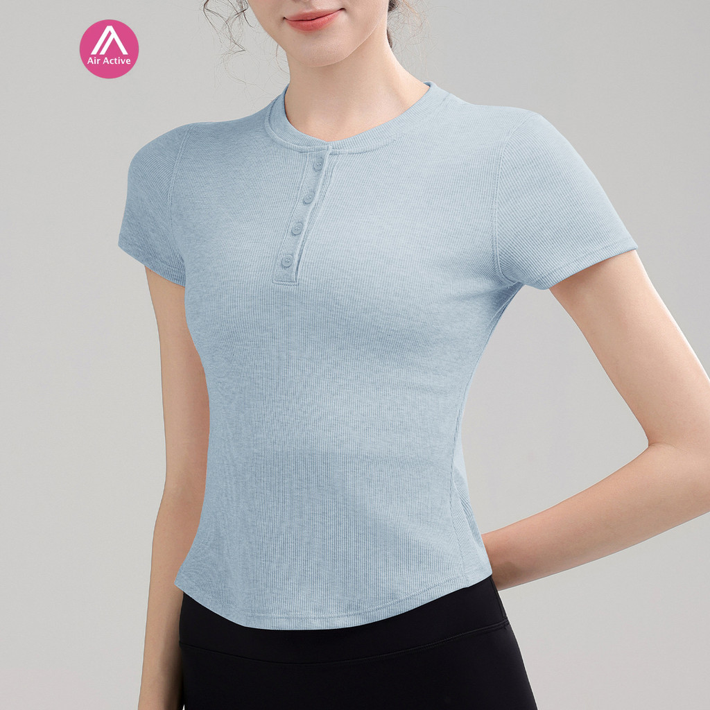 AirActive Leisure Casual Yoga Sports T-shirt Henley Shirt Short Sleeves Front Button Ribbed Breathable