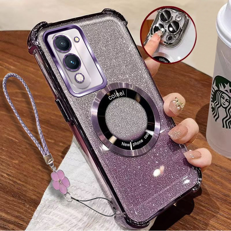 เคสโทรศัพท์ VIVO Y04 Y29S 5G Y29 4G 2025 สไตล์ใหม่ Lanyard ทองแม่เหล็กไร้สายเคสซิลิโคนไฟฟ้ากระพริบ S