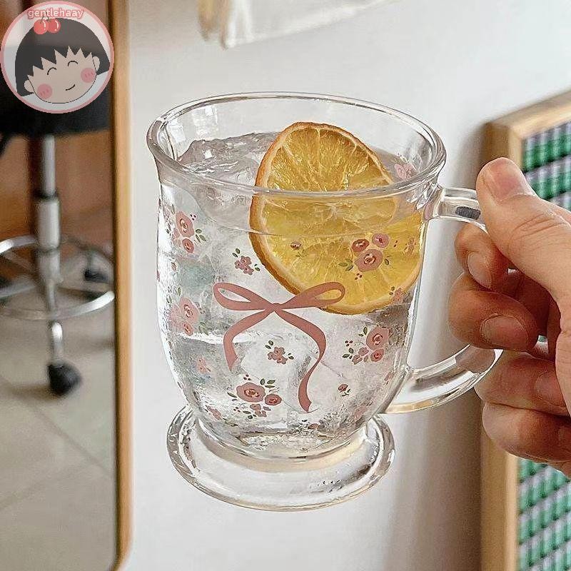 Gent Bow Glass ถ้วยน้ําน่ารักการ์ตูนโบว์ถ้วยแก้วลายน่ารัก Doodle แก้วกาแฟในครัวเรือนผลไม้ชา Lemonade Girls ของขวัญ EN