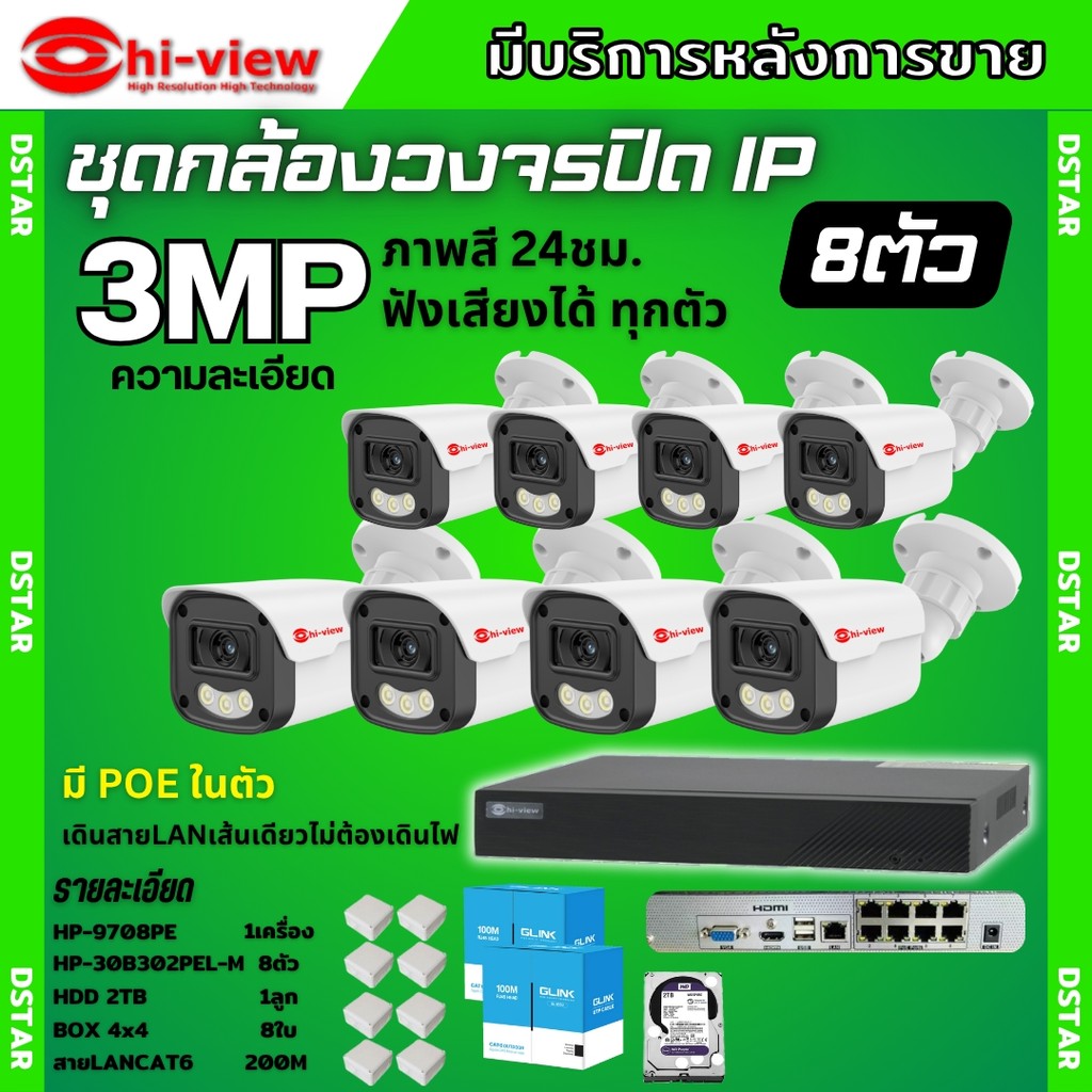 Hiview ชุดกล้องวงจรปิด 3 ล้านพิกเซล 8ตัว IP ระบบPOE สี24ชม.ฟังเสียง ไม่ต้องเดินสายไฟ ติดตั้งง่าย ภาพ