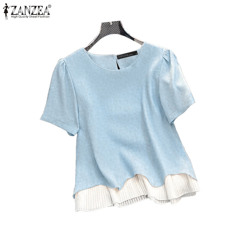 ZANZEA เสื้อเบลาส์คอกลมแขนสั้นสำหรับผู้หญิง