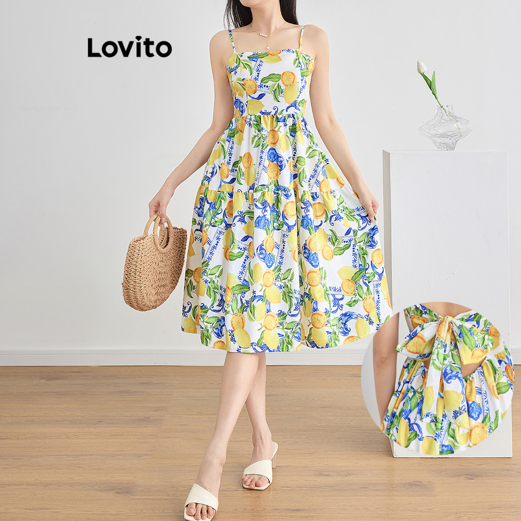Lovito โบฮีเมียนเดรสผลไม้และผัก ผูกเชือกเดรสสําหรับผู้หญิง L112ED625