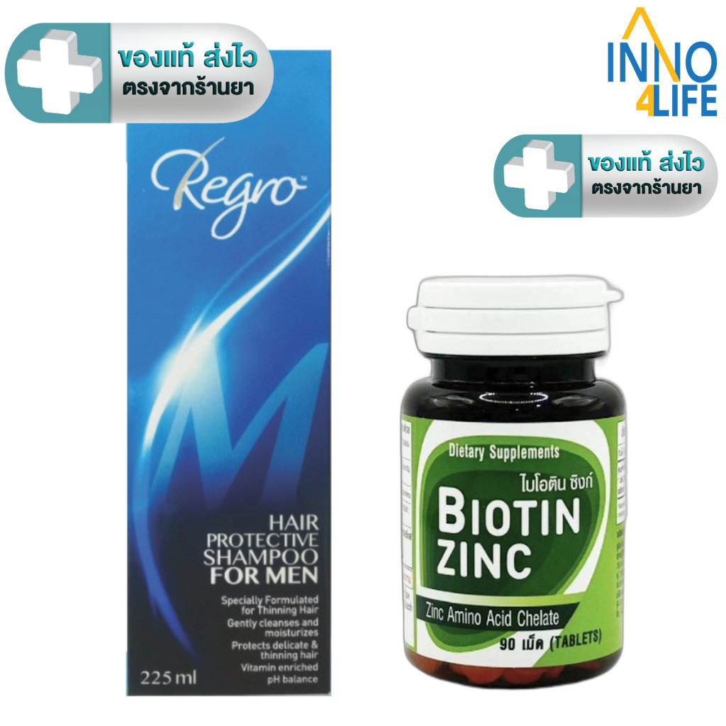 Biotin Zinc ไบโอทิน ซิงก์ 90 เม็ด / Regro Hair Protective Shampoo for Men รีโกร แชมพูสำหรับผู้ชาย 225 ml. [inno]