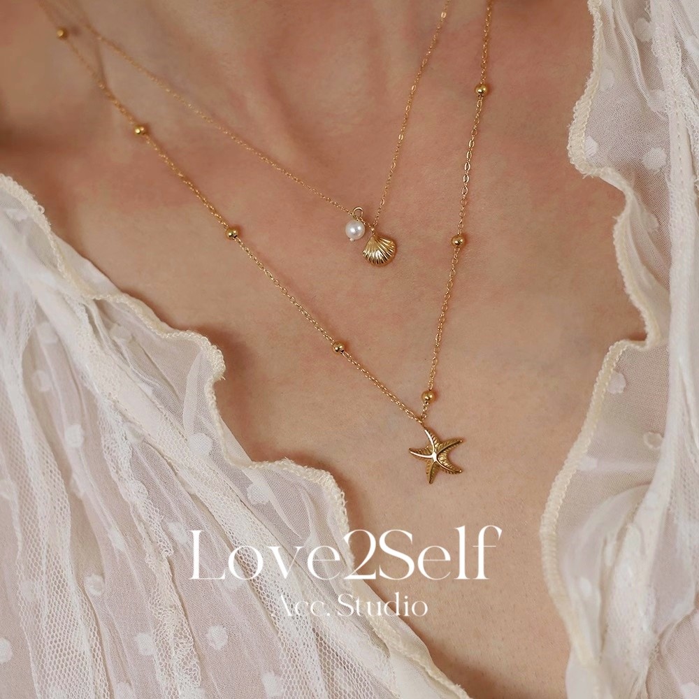 Love2Self X021 Vintage Double Layered ปลาดาว Shell Pearl สร้อยคอสแตนเลสสําหรับผู้หญิง Non Tarnish Hypoallergenic