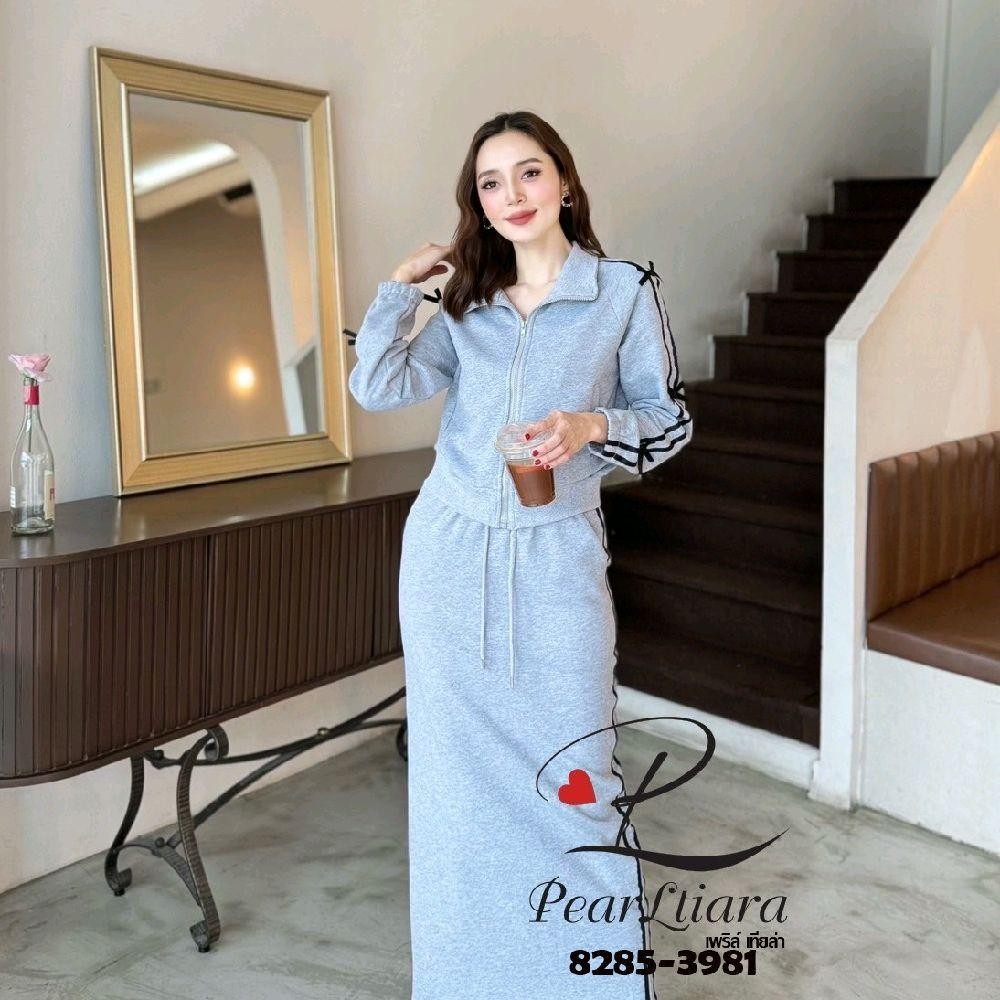 พร้อมส่ง เติม SM⚡️AR 8285 ชุดเซต เสื้อวอร์ม+กระโปรง สีเทาแต่งโบว์ สวยเก๋