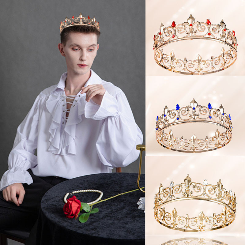 Vintage ผู้ชาย Royal King Crown Queen Tiara Crown เจ้าสาวอุปกรณ์พรหมโลหะ Prince Crowns Tiaras รอบอุปกรณ์เสริม Party