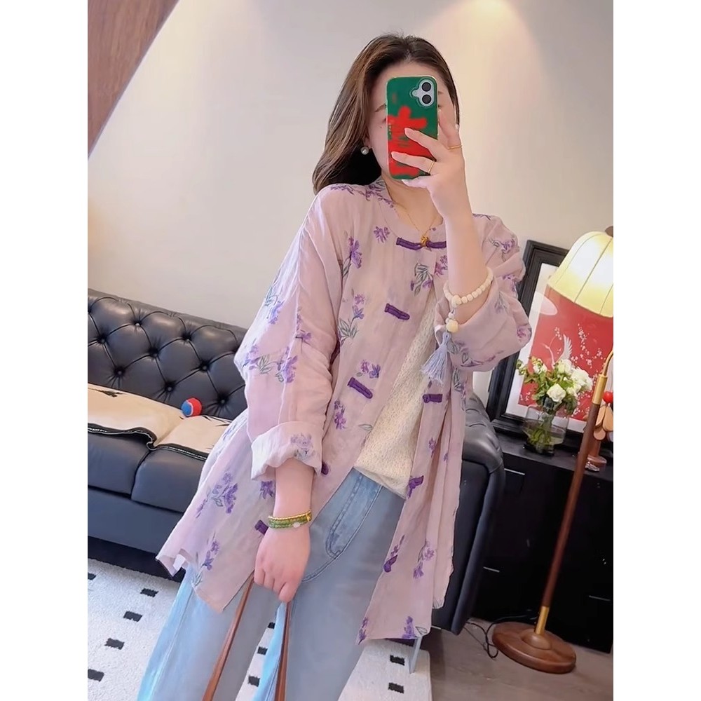 เสื้อผ้าแฟชั่นฤดูร้อนปี 2025 สไตล์จีนสีม่วง พิมพ์ลายสวยงามสำหรับผู้หญิง