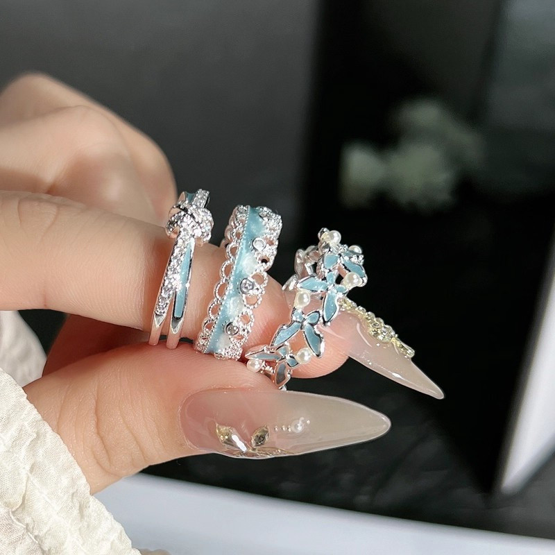 Casual Blue Alloy Drip Glaze Geometric Butterfly Flower Ring for Girls