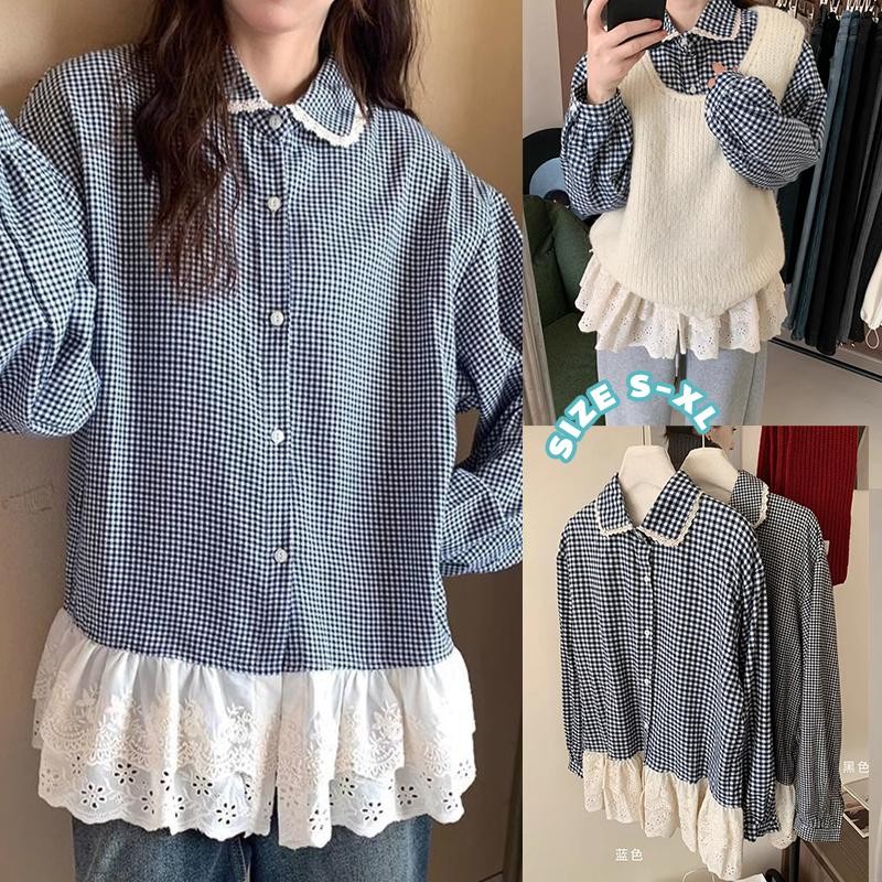 C&T#เสื้อเชิ้ตลายสก็อตเกาหลี คอตุ๊กตา ทรงหลวม แต่งลูกไม้ สไตล์เรโทร ใส่สบาย น่ารัก แมทช์กับเสื้อสเวต