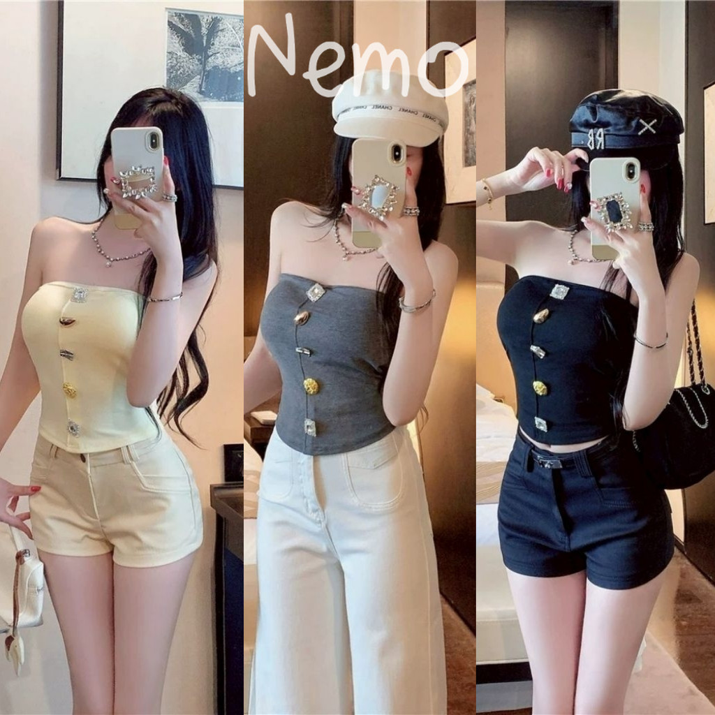 Nemo store🌸#FY5542 เสื้อเกาะอก เสริมฟองน้ำ เรียบหรูดูแพง สีพาสเทลยืดพอดี