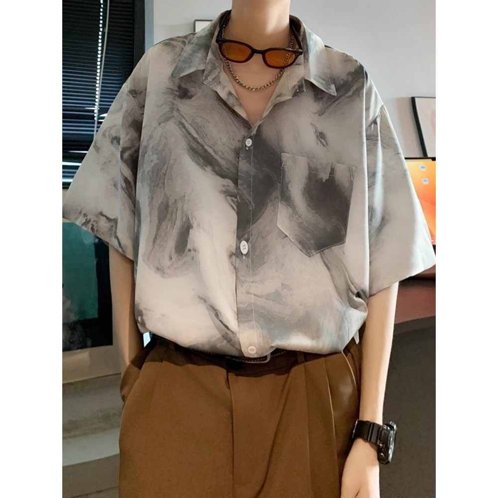 夏威夷沙滩衬衫男短袖夏季美式复古扎染高级感痞帅冰丝花衬衣Hawaiian beach shirt men's short sleeved summer American style dress up2