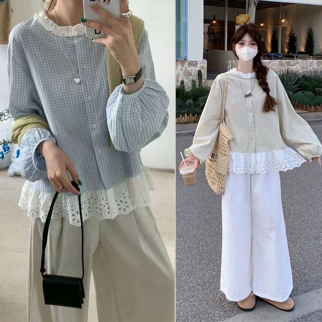 Dahong W639 เสื้อแขนยาวแฟชั่น เกาหลี คอตุ๊กตา ผู้หญิงแขนยาวย้อนยุคหลวมรอบคอเสื้อลูกไม้ลําลองท็อปส์