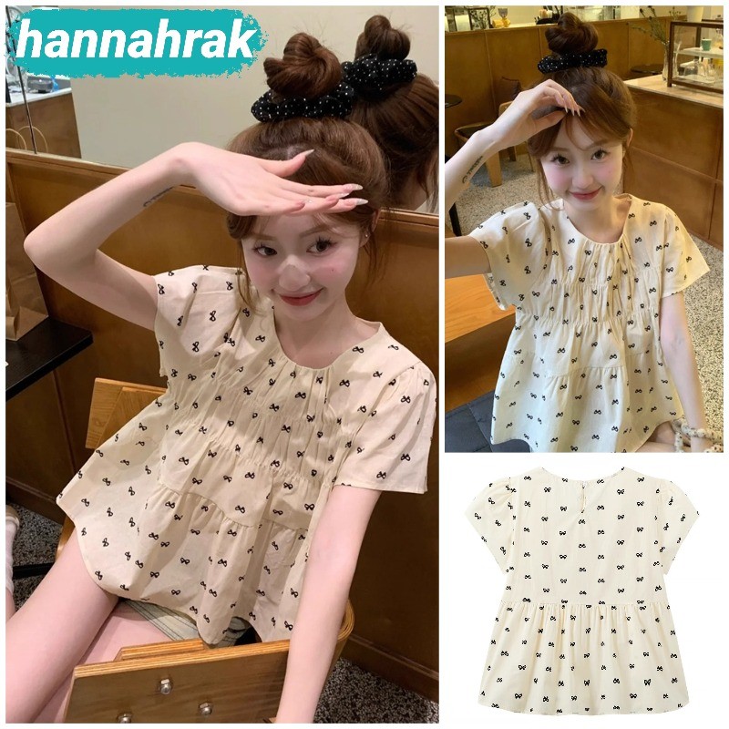(ส่งจากกรุงเทพฯ)เสื้อเชิ้ตแขนสั้น คอกลม การพิมพ์แฟชั่นติดโบว์ สไตล์สบาย ๆ หลวม ๆ เวอร์ชั่นเกาหลี
