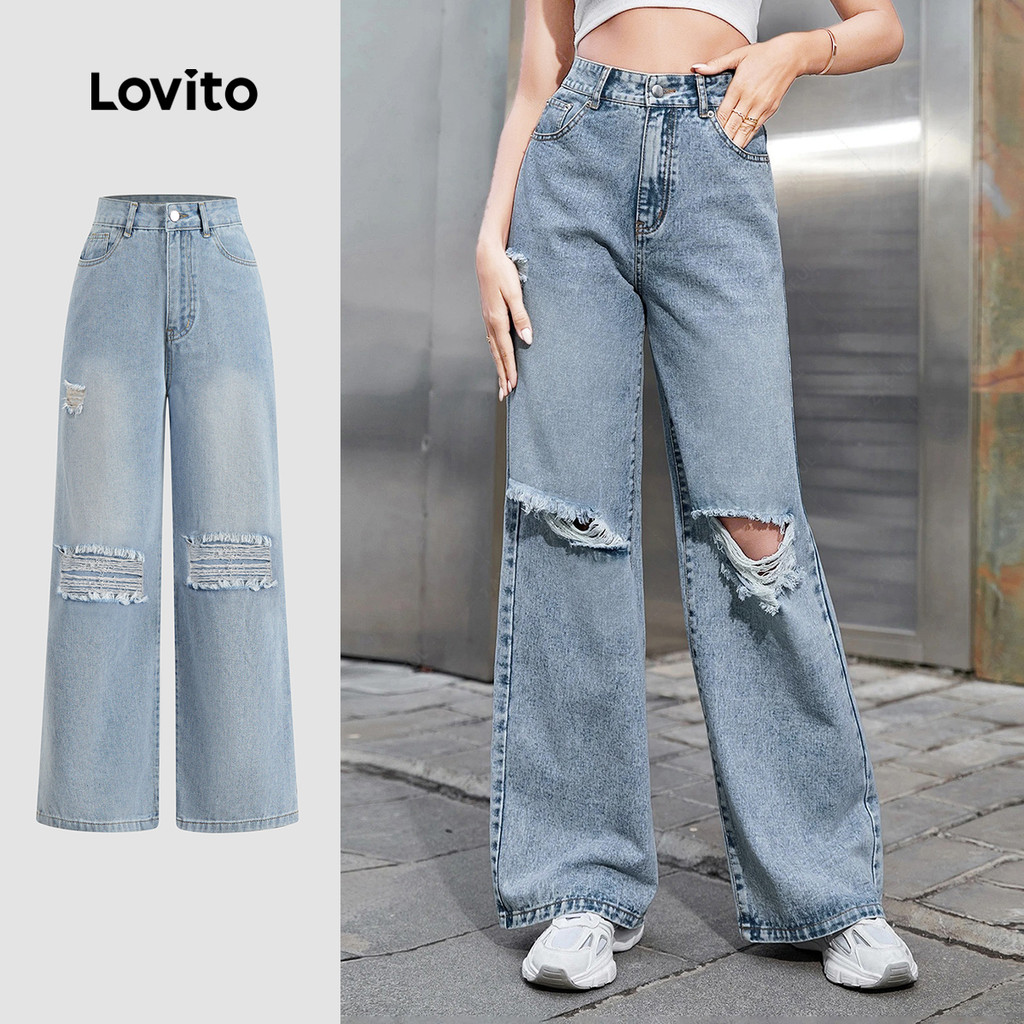 Lovito กางเกงยีนส์ลำลองมีปุ่มขาดกระเป๋า สีฟ้าสปริง/ฤดูร้อน สำหรับผู้หญิง L143ED171