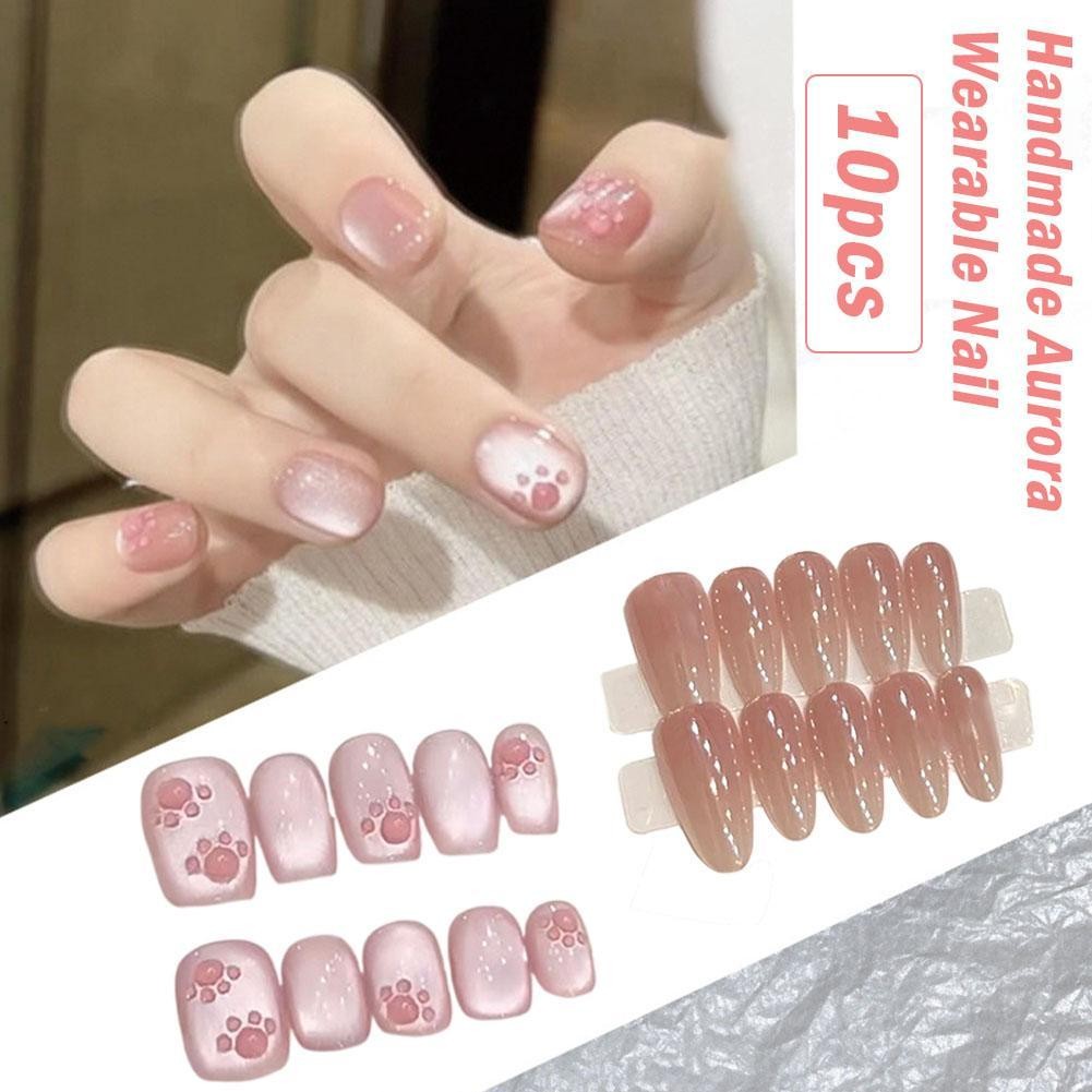 Cat Eye สีธรรมดา Handmade เล็บปลอมยาวชี้บันไดสั้นอัลมอนด์รูปไข่ T รูปร่าง Burgundy J2y0