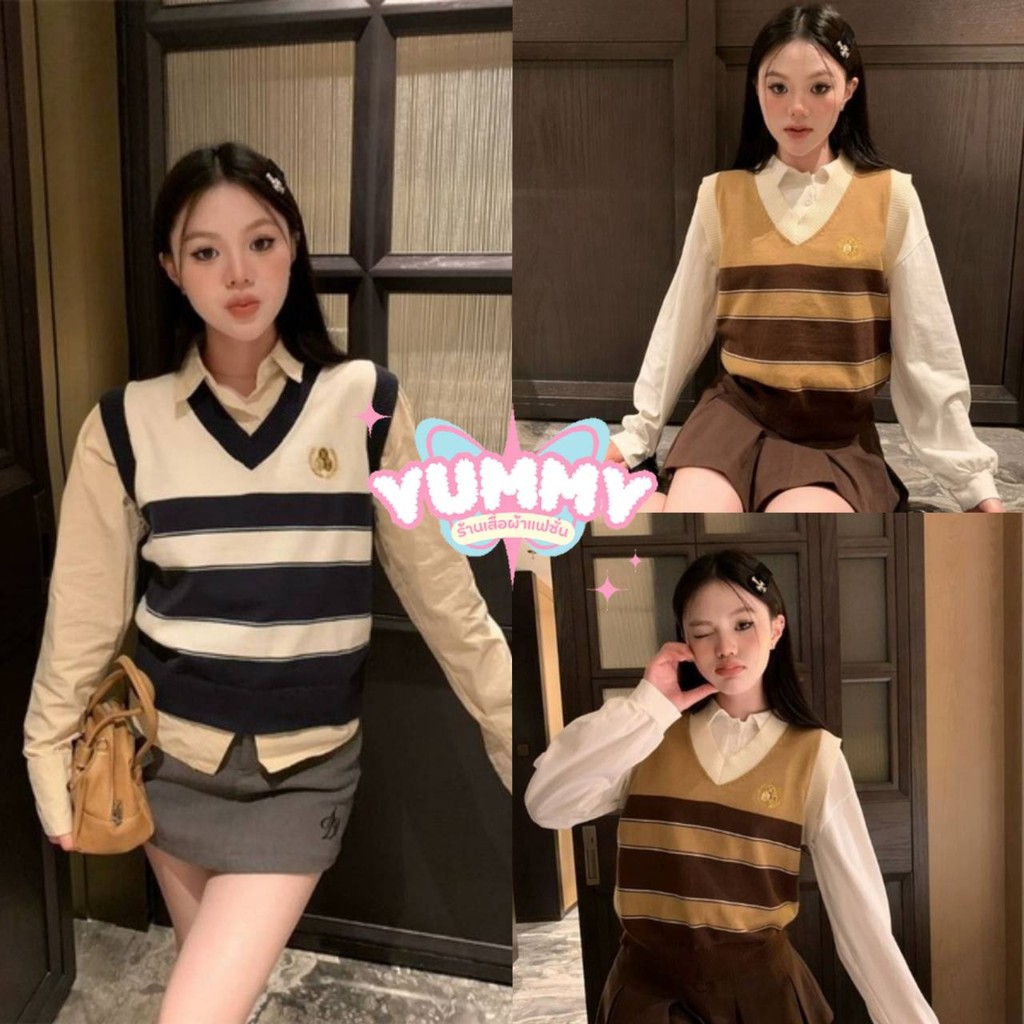 🎀Yummy Shop🎀พร้อมส่ง (X039) -C เสื้อกั๊กไหมพรม ลายทาง คอวีใส่สบาย