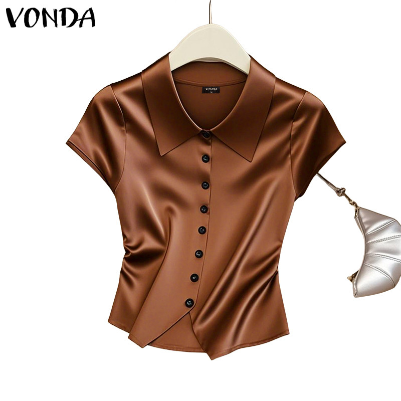 VONDA เสื้อเบลาส์ติดกระดุมแขนผ้าซาตินปก Raglan สไตล์เกาหลีสําหรับผู้หญิง