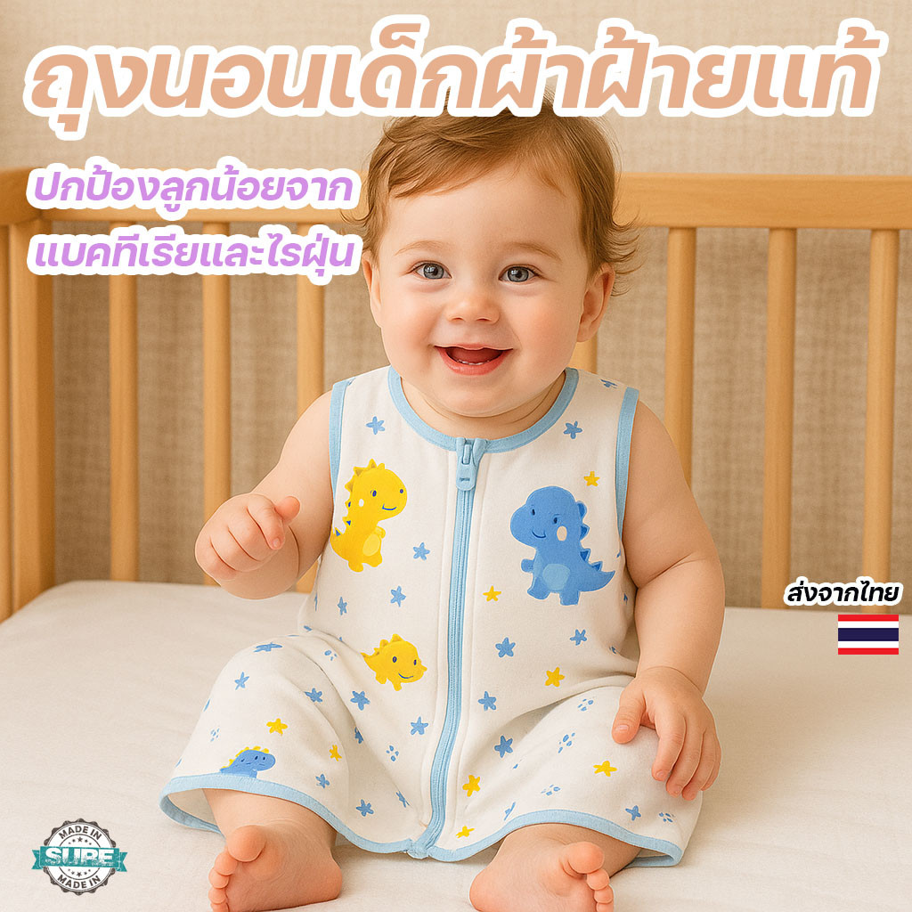 ถุงนอนเด็กซิปหน้า ผ้าฝ้ายแท้ แขนกุด ระบายอากาศดี ใส่สบาย เหมาะอากาศร้อน ลายน่ารัก มีหลายขนาด