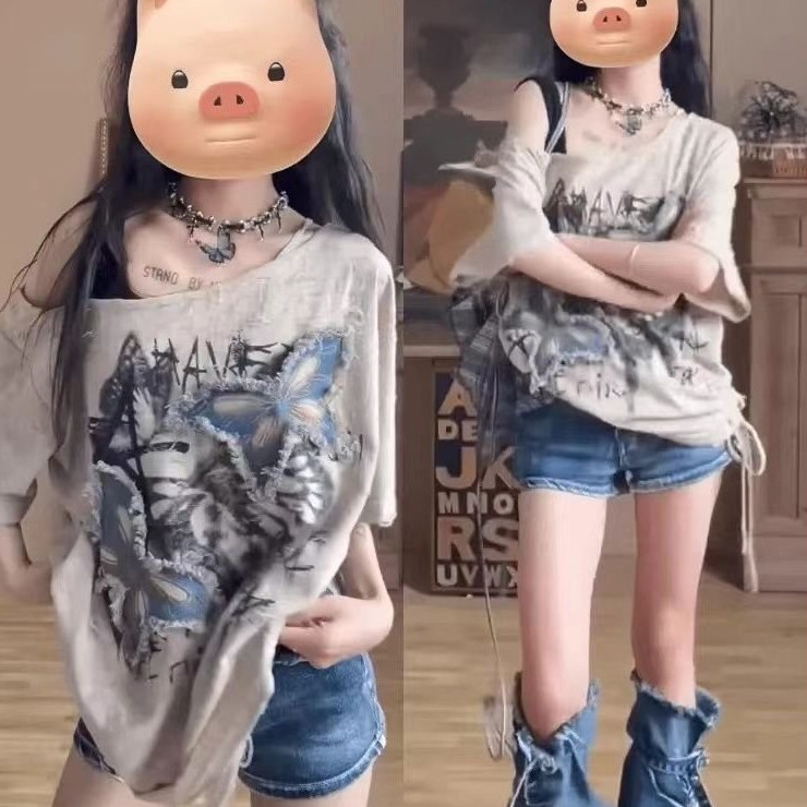 JolitaCeria Women / American Vintage Butterfly Patch Short Sleeve T-Shirt / T-Shirt for Women