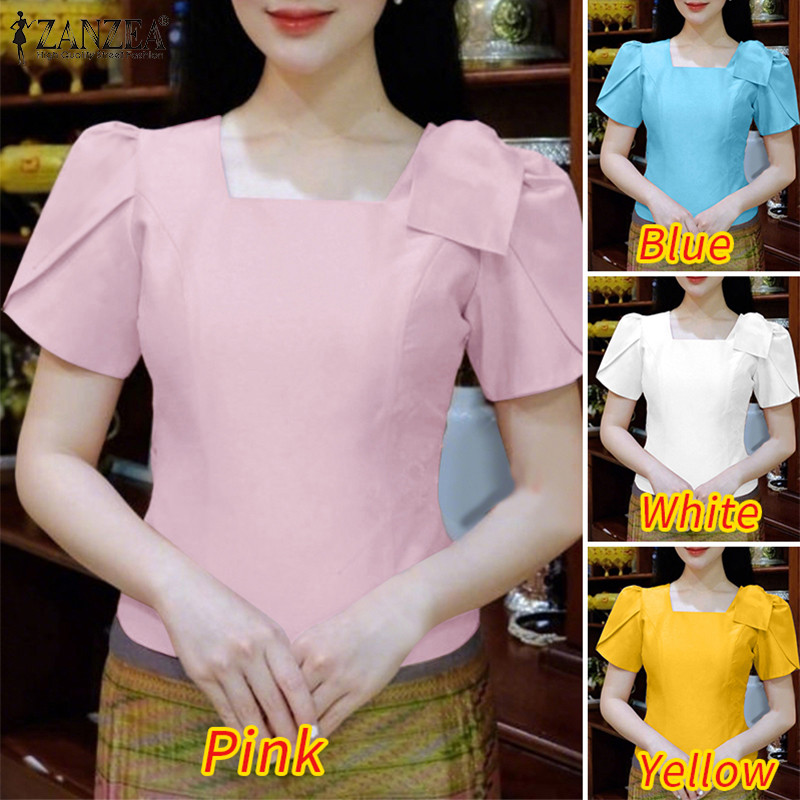 ZANZEA เสื้อเบลาส์ผ้าซาตินลายผีเสื้อดอกไม้แขนสั้น สไตล์หรูหราเกาหลีสำหรับผู้หญิง — صورة 3
