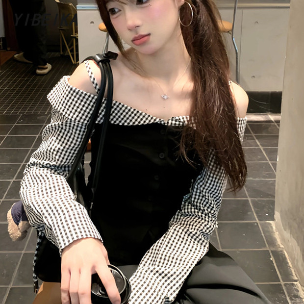 เสื้อยืดแขนยาวลายสก๊อตสำหรับผู้หญิง แบบสองชิ้นไม่มีสายหนังด้านบน