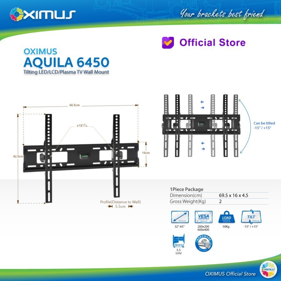 TV Tilt Bracket LCD LED TV 32" นิ้ว - 65" นิ้ว Oximus Aquila 6450 - ติดผนัง