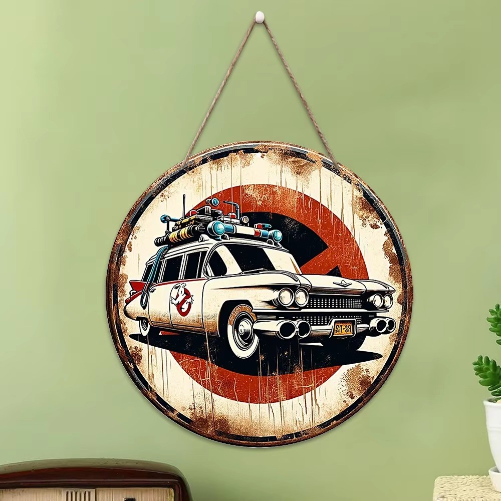 BrandName Ghostbusters Car Themed Round Metal Sign - Vintage Wall Decor for Garage and Man Cave Art,