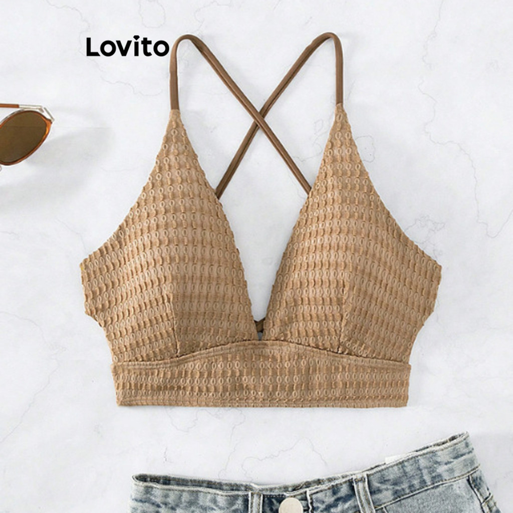 Lovito สง่างามBikini ด้านบน สีพื้นไขว้Texture เสื้อบิกินี่สําหรับผู้หญิง LNL42167