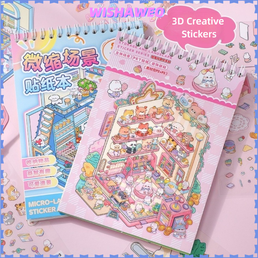 WISHAWEO สมุดสติ๊กเกอร์ภูมิทัศน์, DIY PET Cabin Scene Pocket Sticker, Creative Miniature House Carto