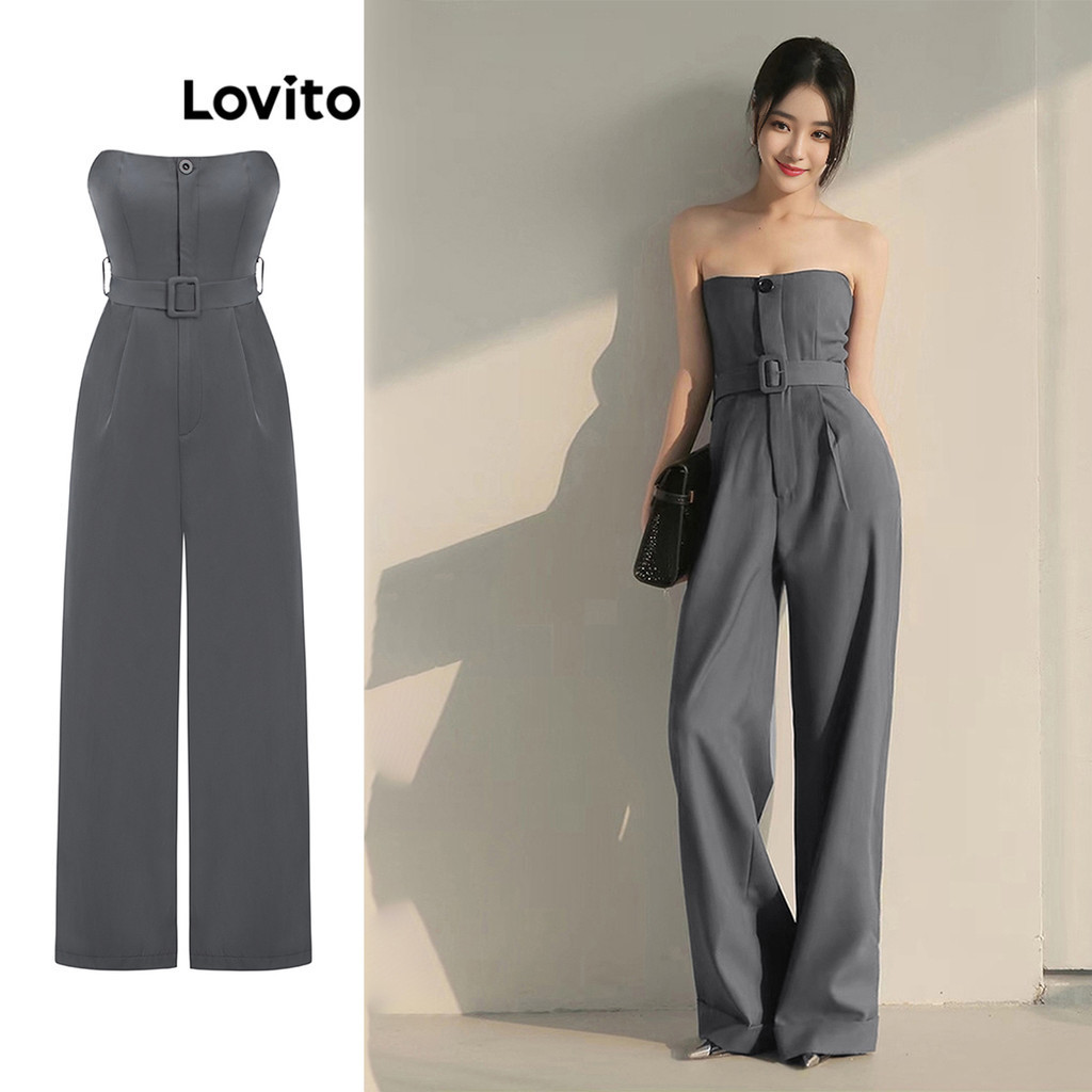 Lovito จั๊มสูทผู้หญิง มีเข็มขัด แต่งจีบ สีพื้น สไตล์หรูหรา L91AD136