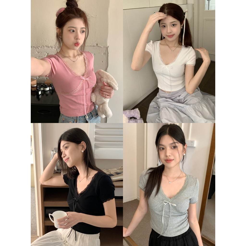 Bonnie เสื้อยืดผู้หญิง แขนสั้น คอวี ผ้าฝ้าย ใส่สบาย y2k​ crop top พร้อมส่ง หลากสี ผ้าใส่สบาย แฟชั่น #ZL03