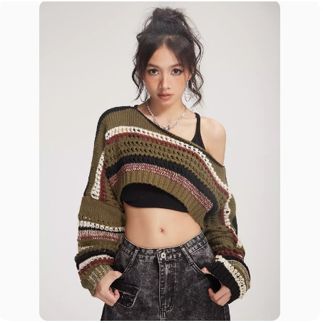 Xiaoma111 Hollow หลวมเสื้อสวมหัวเสื้อสีเขียวลายสั้น Navel Cropped ครึ่งตัดสาวร้อนเสื้อกันหนาวเสื้อถักผู้หญิงฤดูใบไม้ผลิฤดูร้อน Match Me กํามะหยี่ Happy SIFG