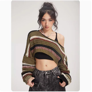 Xiaoma111 Hollow หลวมเสื้อสวมหัวเสื้อสีเขียวลายสั้น Navel Cropped ครึ่งตัดสาวร้อนเสื้อกันหนาวเสื้อถักผู้หญิงฤดูใบไม้ผลิฤดูร้อน Match Me กํามะหยี่ Happy SIFG