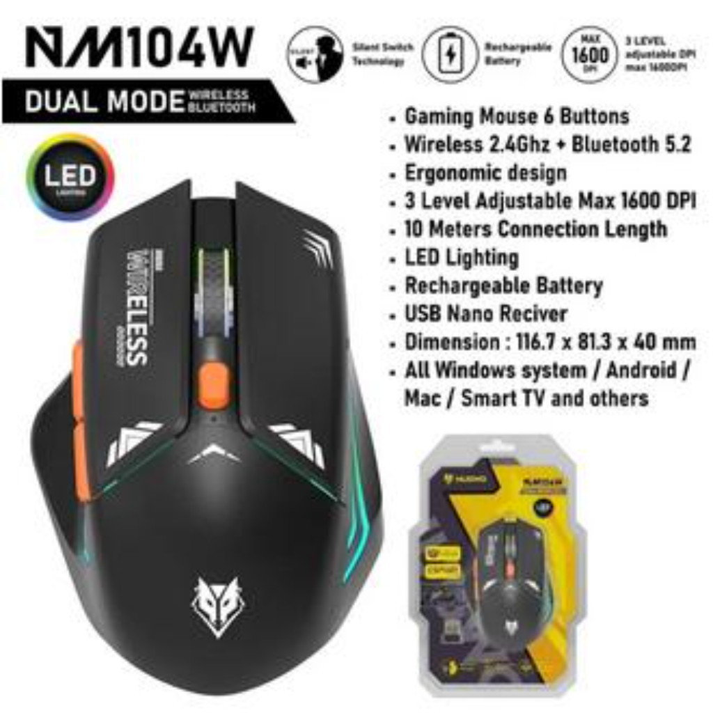 GAMING NUBWO NM-104W Wireless & Bluetooth Gaming Mouse Dual Mode เมาส์เกมมิ่ง ไร้สาย แบตในตัว มีไฟLE