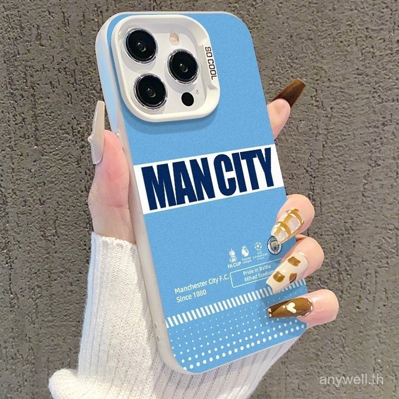 Manchester City ธีมทีมฟุตบอลสีเงินเคสโทรศัพท์สําหรับ iPhone 11 12 promax 13 mini 14 plus 15pro max แฟนซีฟุตบอล IMD กรณีกีฬา