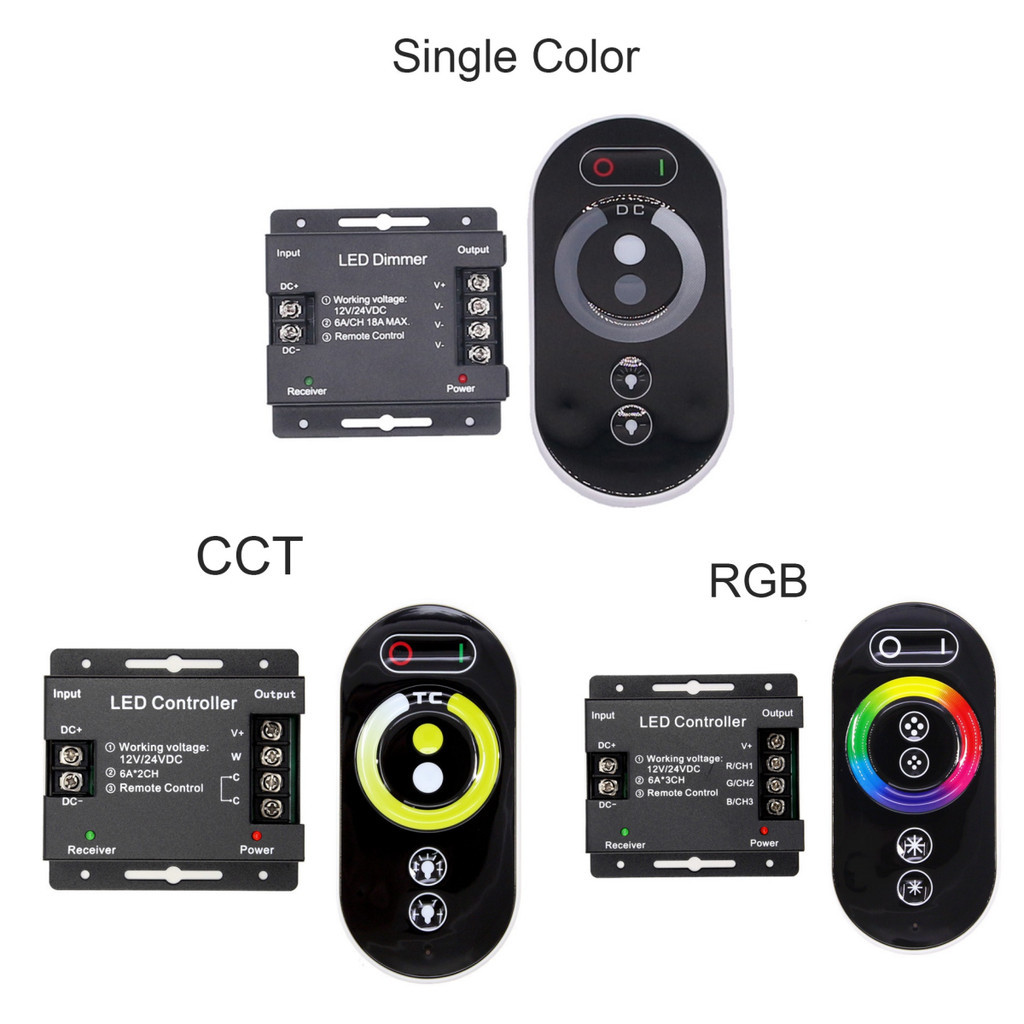 High Power Controller RF Full Touch รีโมทคอนโทรล 18A Dimmer DC12V DC24V สําหรับ RGB CCT เดี่ยวสี LED Strip/COB Light Neon Light อุปกรณ์เสริม