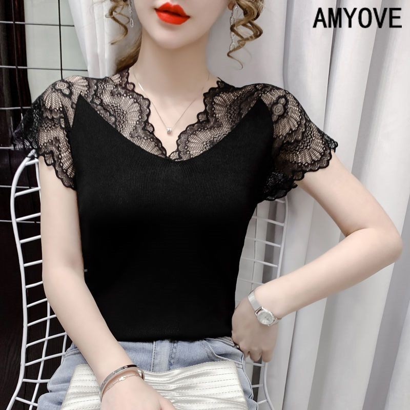 แฟชั่นเกาหลีสีทึบแขนสั้นเสื้อยืดลูกไม้ใหม่อเนกประสงค์ด้านบนสไตล์สั้น