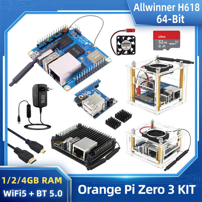 Orange Pi Zero 3 Allwinner H618 WiFi5 + BT 5.0 1 2 4 GB RAM Optional Acrylic Case Fan Heatsink Power Supply for OPI Zero 3